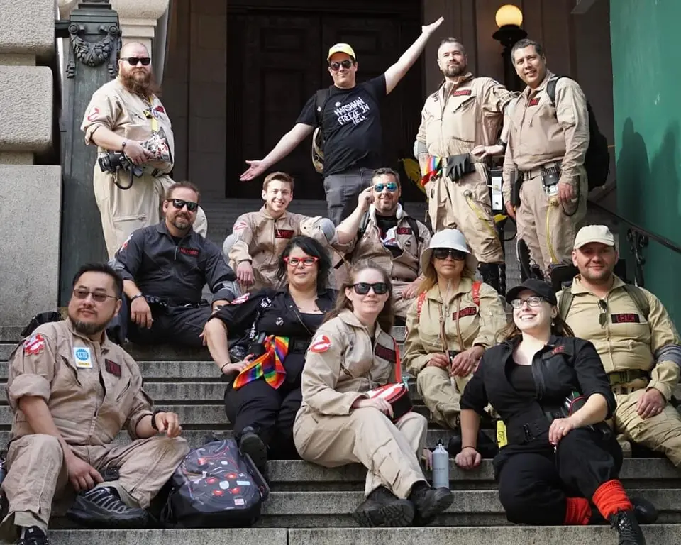 Large group photo of the full Ghostbusters Virginia team in uniform